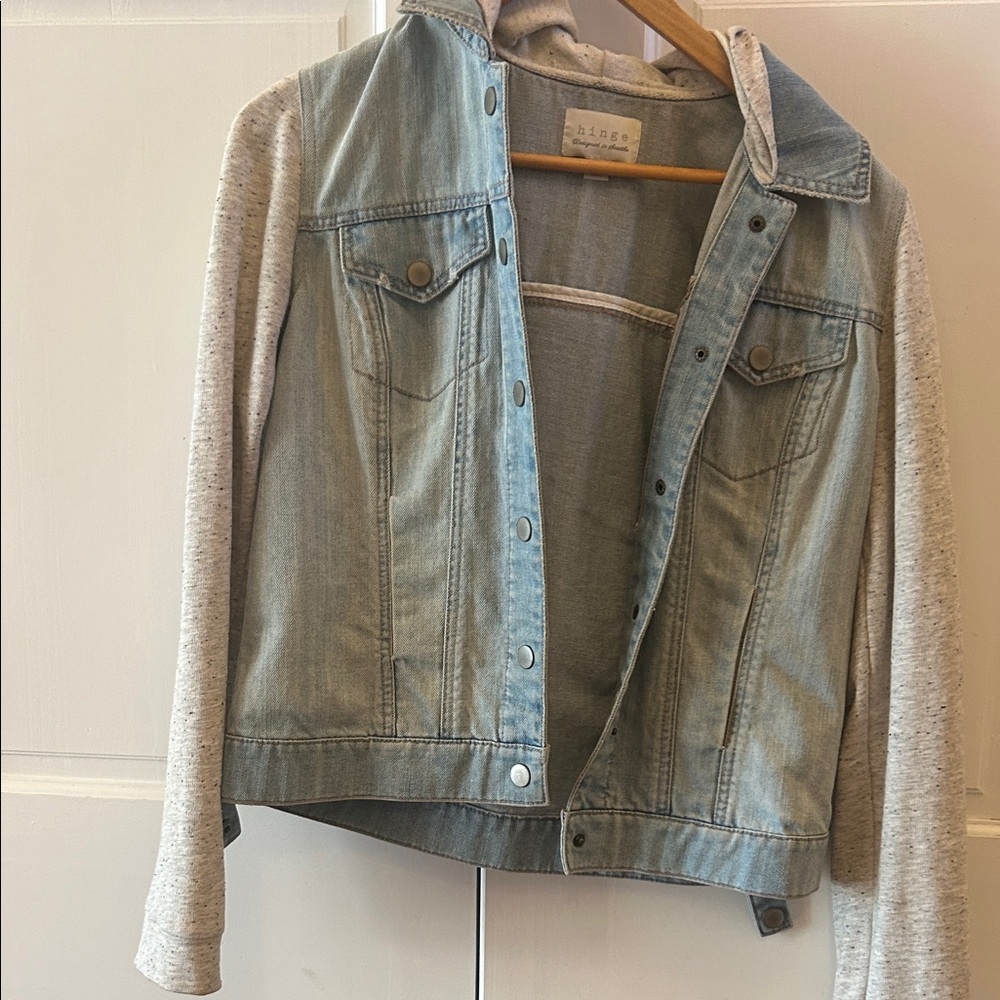 Hinge Light Blue Denim Jacket with Gray Sleeves and hood - 1 front pocket